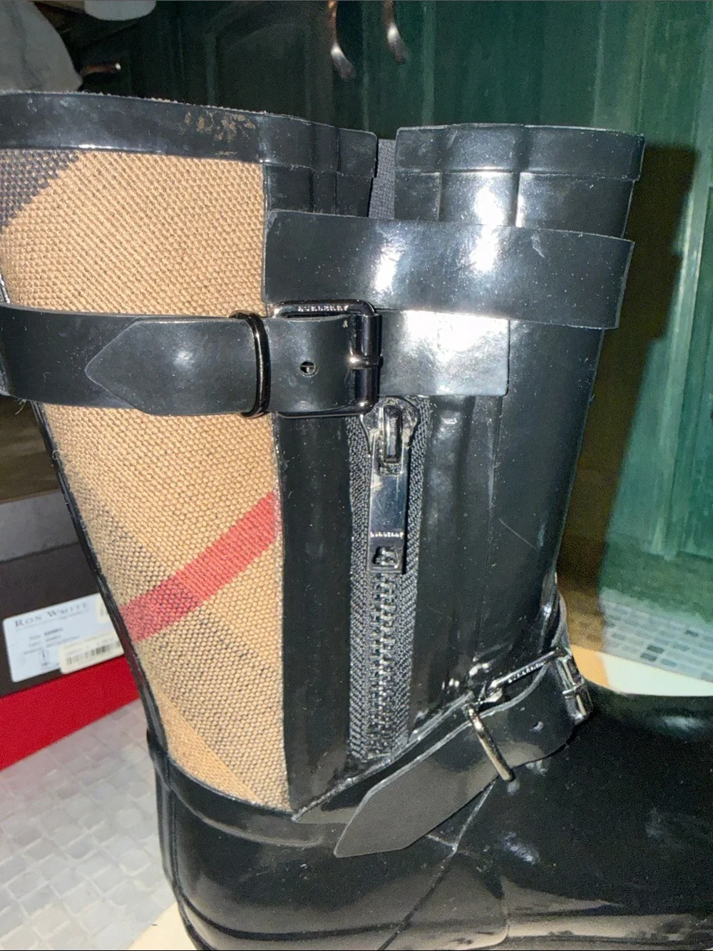 Burberry Black & Tan Patent Check Rain Boots with Buckles
